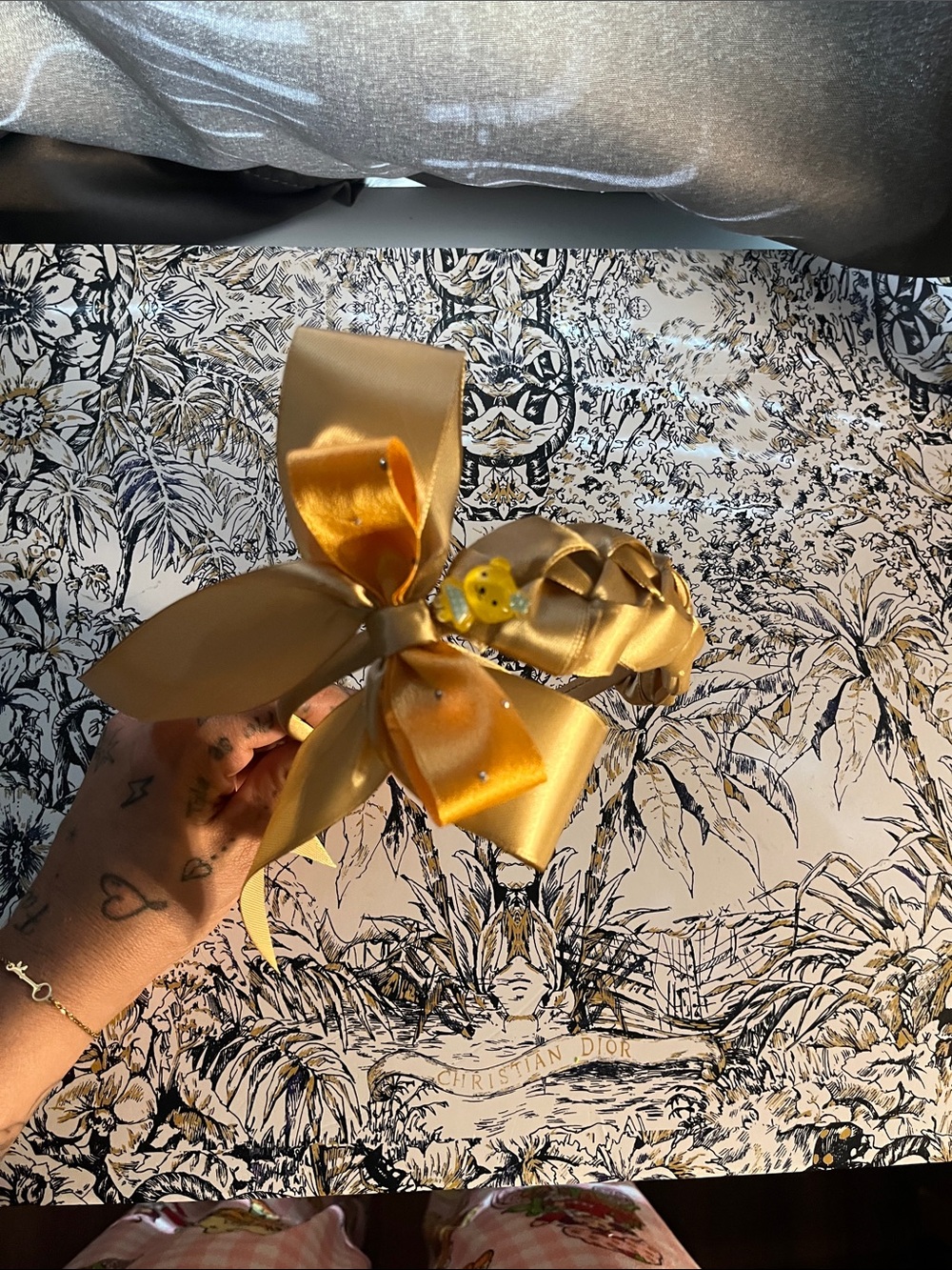 Handmade Gold Satin Bow Headband With Charm - Picture 2 of 3